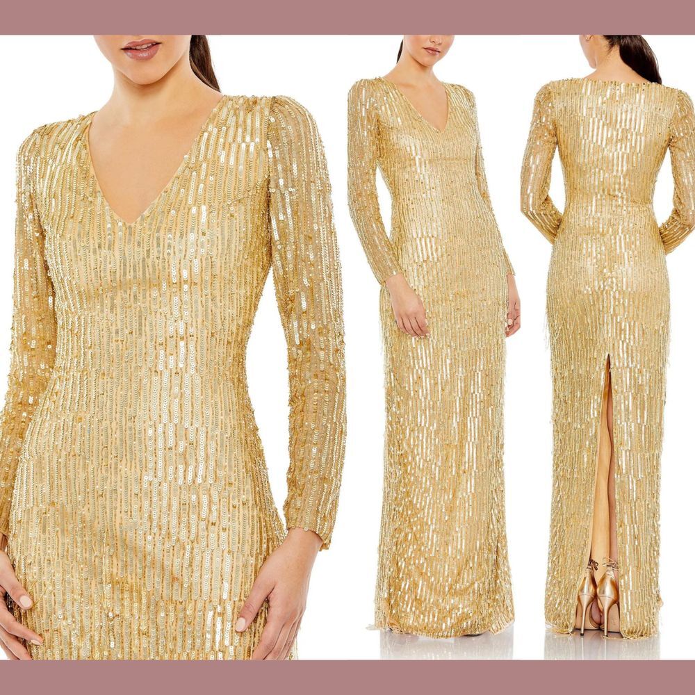 NWT Mac Duggal [ 4 ]‎ 5612 Sequined Long Sleeve V Neck Beaded Fringe Gown Gold